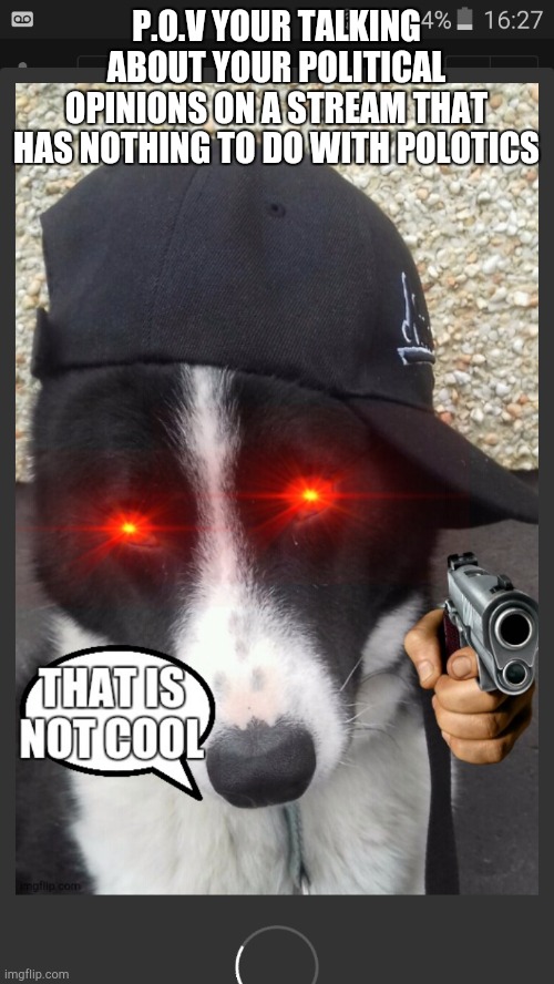 That is not cool | P.O.V YOUR TALKING ABOUT YOUR POLITICAL OPINIONS ON A STREAM THAT HAS NOTHING TO DO WITH POLOTICS | image tagged in that is not cool | made w/ Imgflip meme maker