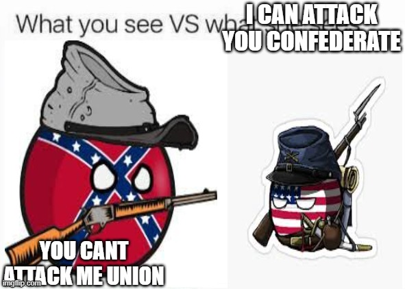 american civil war | I CAN ATTACK YOU CONFEDERATE; YOU CANT ATTACK ME UNION | image tagged in what you see vs what she sees,american civil war | made w/ Imgflip meme maker