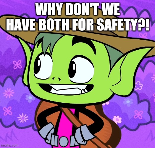 Cowboy Beast Boy (TTG) | WHY DON'T WE HAVE BOTH FOR SAFETY?! | image tagged in cowboy beast boy ttg | made w/ Imgflip meme maker