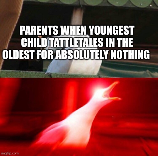 Inhaling Seagull  | PARENTS WHEN YOUNGEST CHILD TATTLETALES IN THE OLDEST FOR ABSOLUTELY NOTHING | image tagged in inhaling seagull | made w/ Imgflip meme maker