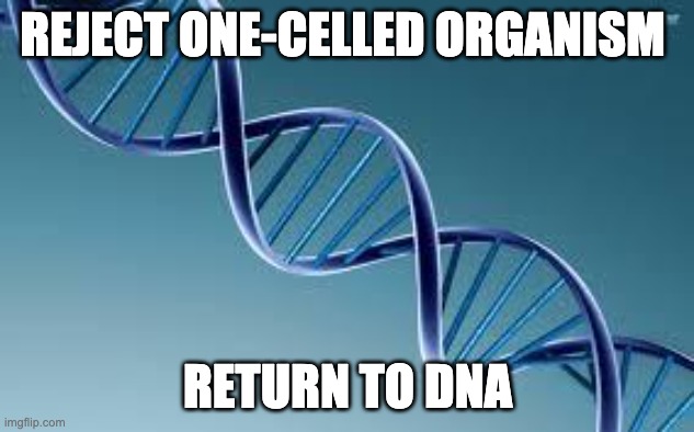dna | REJECT ONE-CELLED ORGANISM RETURN TO DNA | image tagged in dna | made w/ Imgflip meme maker