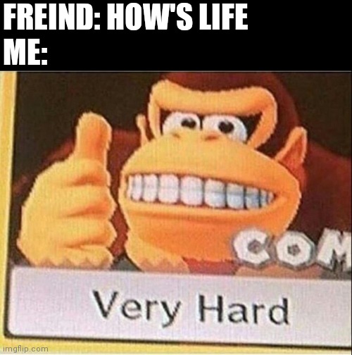 Very Hard Donkey Kong | FREIND: HOW'S LIFE
ME: | image tagged in very hard donkey kong | made w/ Imgflip meme maker