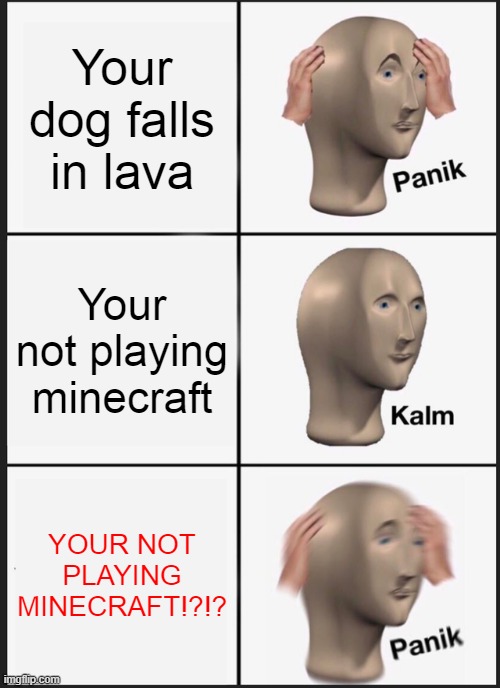 Oh, thats go- OMG NO!!!!!!!!! | Your dog falls in lava; Your not playing minecraft; YOUR NOT PLAYING MINECRAFT!?!? | image tagged in memes,panik kalm panik | made w/ Imgflip meme maker