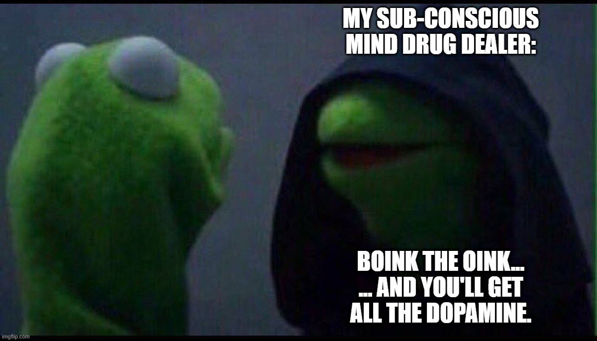 Me to me | MY SUB-CONSCIOUS
MIND DRUG DEALER:; BOINK THE OINK...
... AND YOU'LL GET
ALL THE DOPAMINE. | image tagged in me to me | made w/ Imgflip meme maker