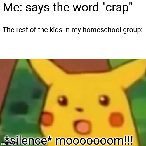 Surprised Pikachu Meme | Me: says the word "crap"; The rest of the kids in my homeschool group:; *silence* mooooooom!!! | image tagged in memes,surprised pikachu | made w/ Imgflip meme maker
