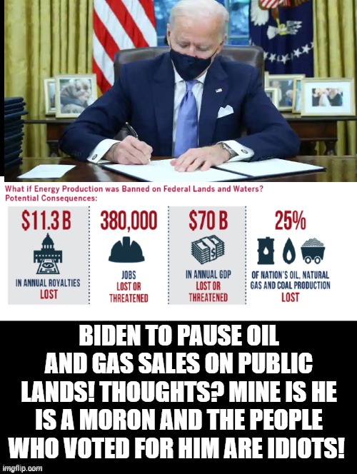 Biden to pause oil and gas sales on public lands. | BIDEN TO PAUSE OIL AND GAS SALES ON PUBLIC LANDS! THOUGHTS? MINE IS HE IS A MORON AND THE PEOPLE WHO VOTED FOR HIM ARE IDIOTS! | image tagged in stupid liberals,biden | made w/ Imgflip meme maker