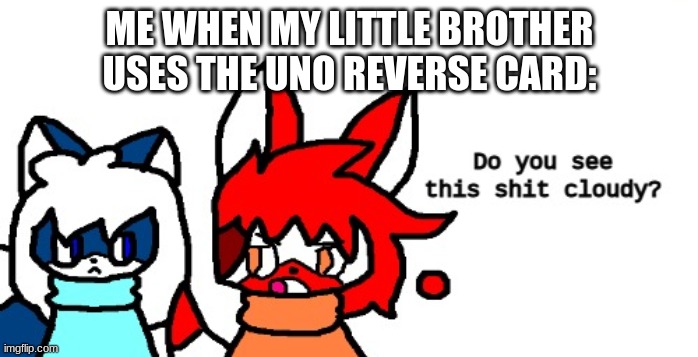 HES 6 | ME WHEN MY LITTLE BROTHER USES THE UNO REVERSE CARD: | image tagged in do you see this shit cloudy | made w/ Imgflip meme maker