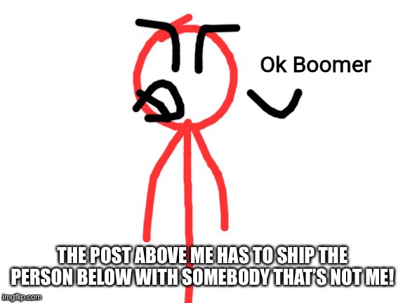 This is gonna be fun! | THE POST ABOVE ME HAS TO SHIP THE PERSON BELOW WITH SOMEBODY THAT’S NOT ME! | image tagged in ok boomer | made w/ Imgflip meme maker