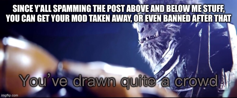 Friendly reminder | SINCE Y’ALL SPAMMING THE POST ABOVE AND BELOW ME STUFF, YOU CAN GET YOUR MOD TAKEN AWAY, OR EVEN BANNED AFTER THAT | image tagged in you ve drawn quite a crowd | made w/ Imgflip meme maker