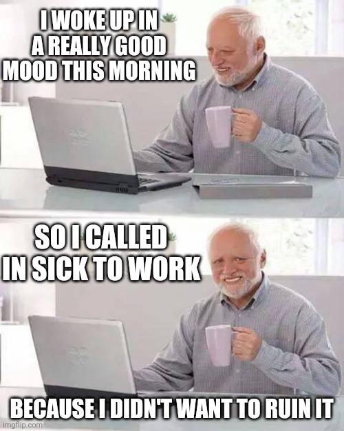 GONNA HAVE A REALLY GOOD DAY | I WOKE UP IN A REALLY GOOD MOOD THIS MORNING; SO I CALLED IN SICK TO WORK; BECAUSE I DIDN'T WANT TO RUIN IT | image tagged in memes,hide the pain harold,work | made w/ Imgflip meme maker