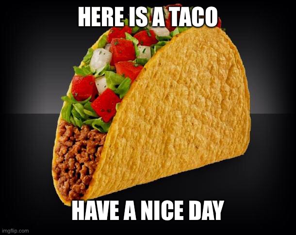 Taco | HERE IS A TACO; HAVE A NICE DAY | image tagged in taco | made w/ Imgflip meme maker