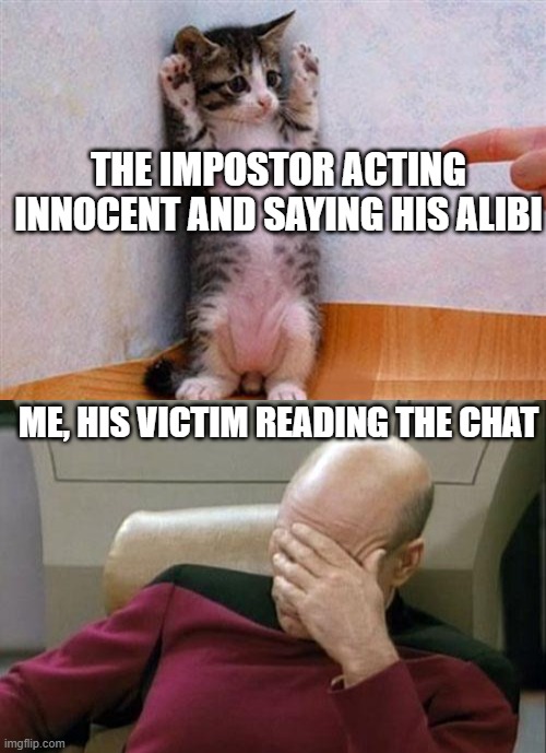 Smh what good liars | THE IMPOSTOR ACTING INNOCENT AND SAYING HIS ALIBI; ME, HIS VICTIM READING THE CHAT | image tagged in innocent,memes,captain picard facepalm | made w/ Imgflip meme maker