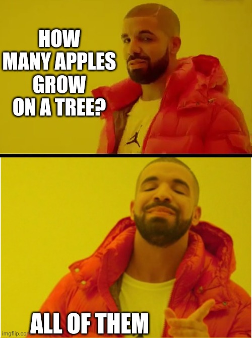 WOW | HOW MANY APPLES GROW ON A TREE? ALL OF THEM | image tagged in drake hotline bling,apples,dad joke,eyeroll | made w/ Imgflip meme maker