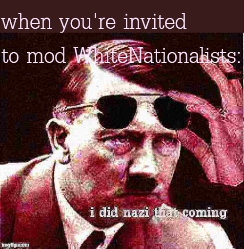 i did nazi it ending this way | when you're invited to mod WhiteNationalists: | image tagged in hitler i did nazi that coming deep-fried | made w/ Imgflip meme maker