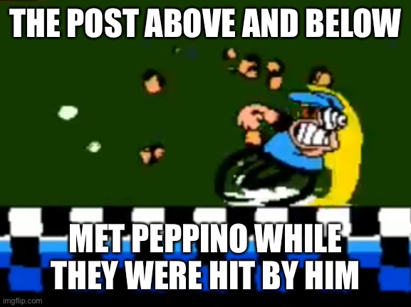 Peppino Running | THE POST ABOVE AND BELOW; MET PEPPINO WHILE THEY WERE HIT BY HIM | image tagged in peppino running | made w/ Imgflip meme maker