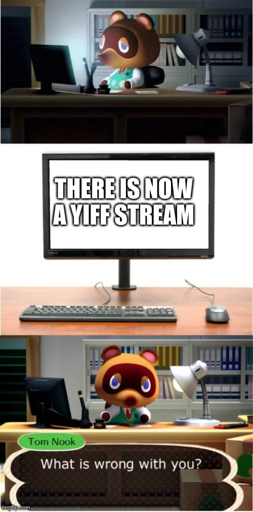 Tom Nook What is wrong with you | THERE IS NOW A YIFF STREAM | image tagged in tom nook what is wrong with you | made w/ Imgflip meme maker