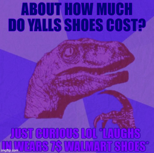 purple philosoraptor | ABOUT HOW MUCH DO YALLS SHOES COST? JUST CURIOUS LOL *LAUGHS IN WEARS 7$ WALMART SHOES* | image tagged in purple philosoraptor | made w/ Imgflip meme maker