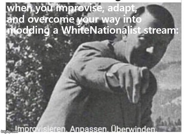 i did nazi that coming | when you improvise, adapt, and overcome your way into modding a WhiteNationalist stream: | image tagged in improvise adapt overcome hitler | made w/ Imgflip meme maker