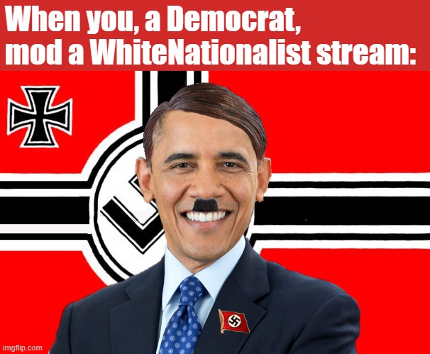 Genuine expressions of Nazism will not be tolerated here. This makes us just as bad as the Nazis. | When you, a Democrat, mod a WhiteNationalist stream: | image tagged in hitler/obama | made w/ Imgflip meme maker