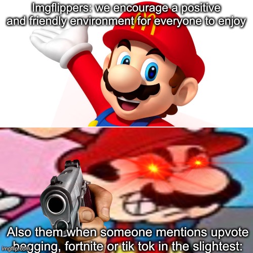 Facts ayyy | Imgflippers: we encourage a positive and friendly environment for everyone to enjoy; Also them when someone mentions upvote begging, fortnite or tik tok in the slightest: | image tagged in mario,funny | made w/ Imgflip meme maker