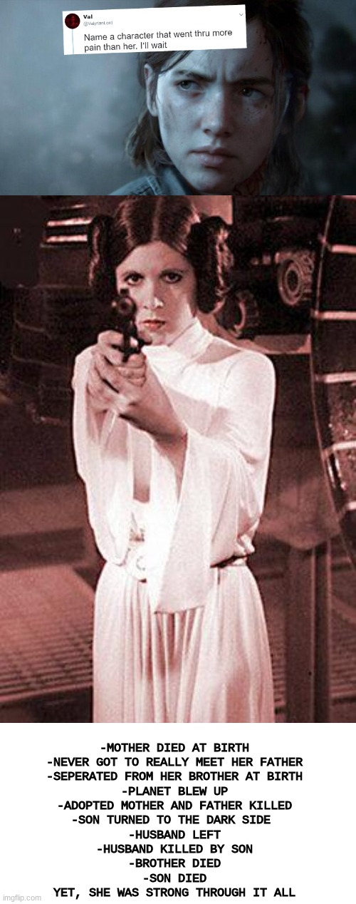leia | -MOTHER DIED AT BIRTH
-NEVER GOT TO REALLY MEET HER FATHER
-SEPERATED FROM HER BROTHER AT BIRTH
-PLANET BLEW UP
-ADOPTED MOTHER AND FATHER KILLED
-SON TURNED TO THE DARK SIDE 
-HUSBAND LEFT
-HUSBAND KILLED BY SON
-BROTHER DIED
-SON DIED
YET, SHE WAS STRONG THROUGH IT ALL | image tagged in name someone who has been through more pain,princess leia,star wars | made w/ Imgflip meme maker