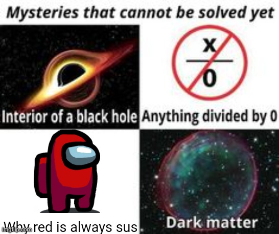Why is red sus | Why red is always sus | image tagged in mysteries that cannot be solved yet,red sus | made w/ Imgflip meme maker