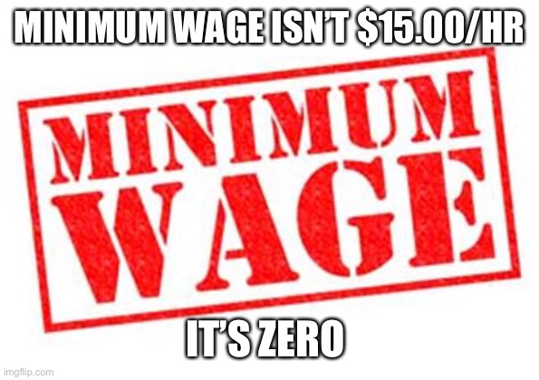 Minimum wage is always zero | MINIMUM WAGE ISN’T $15.00/HR; IT’S ZERO | image tagged in minimum wage | made w/ Imgflip meme maker