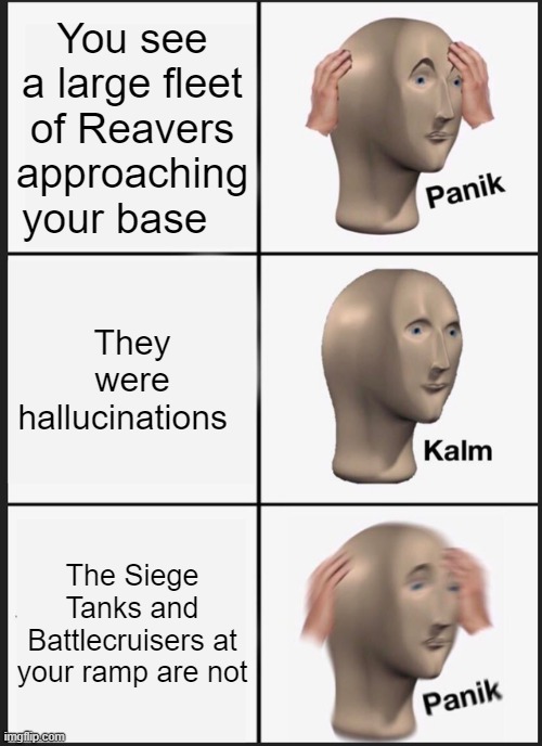 Recipe for ultimate destruction!! | You see a large fleet of Reavers approaching your base; They were hallucinations; The Siege Tanks and Battlecruisers at your ramp are not | image tagged in memes,panik kalm panik | made w/ Imgflip meme maker
