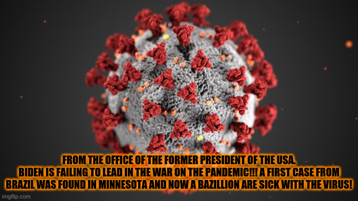 Office of the former President | FROM THE OFFICE OF THE FORMER PRESIDENT OF THE USA.
BIDEN IS FAILING TO LEAD IN THE WAR ON THE PANDEMIC!!! A FIRST CASE FROM BRAZIL WAS FOUND IN MINNESOTA AND NOW A BAZILLION ARE SICK WITH THE VIRUS! | image tagged in covid-19 | made w/ Imgflip meme maker