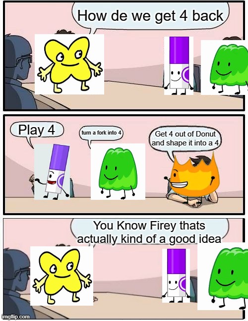 BFB 10 be like | How de we get 4 back; Play 4; turn a fork into 4; Get 4 out of Donut and shape it into a 4; You Know Firey thats actually kind of a good idea | image tagged in memes,boardroom meeting suggestion | made w/ Imgflip meme maker