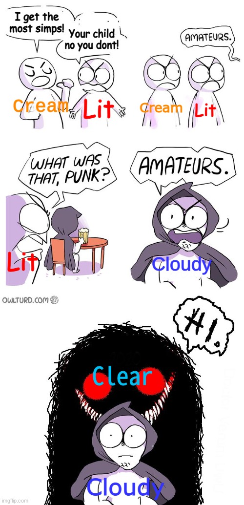 I actually took some time to see, and Clear get's ALOT more simps than Cloudy. | I get the most simps! Your child no you dont! Cream; Lit; Cream; Lit; Lit; Cloudy; Clear; Cloudy | image tagged in amateurs 3 0 | made w/ Imgflip meme maker