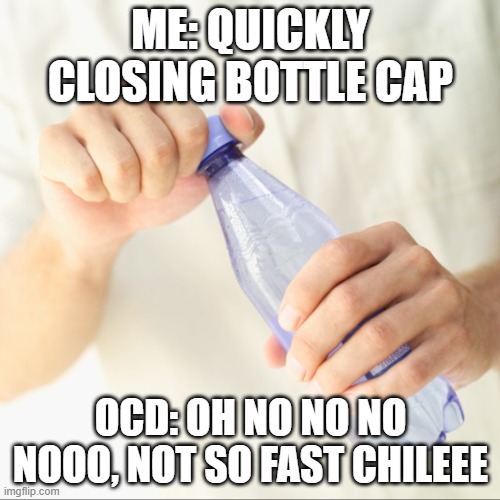 ME: QUICKLY CLOSING BOTTLE CAP; OCD: OH NO NO NO NOOO, NOT SO FAST CHILEEE | made w/ Imgflip meme maker