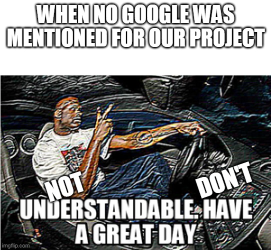 last title was not gud so no title 4 now | WHEN NO GOOGLE WAS MENTIONED FOR OUR PROJECT; NOT; DON'T | image tagged in not understandable don't have a great day | made w/ Imgflip meme maker