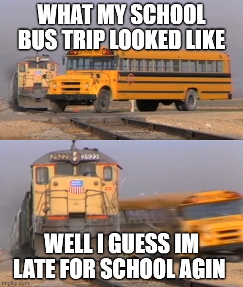 A train hitting a school bus | WHAT MY SCHOOL BUS TRIP LOOKED LIKE; WELL I GUESS IM LATE FOR SCHOOL AGIN | image tagged in a train hitting a school bus | made w/ Imgflip meme maker