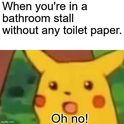 Surprised Pikachu Meme | When you're in a bathroom stall without any toilet paper. Oh no! | image tagged in memes,surprised pikachu | made w/ Imgflip meme maker