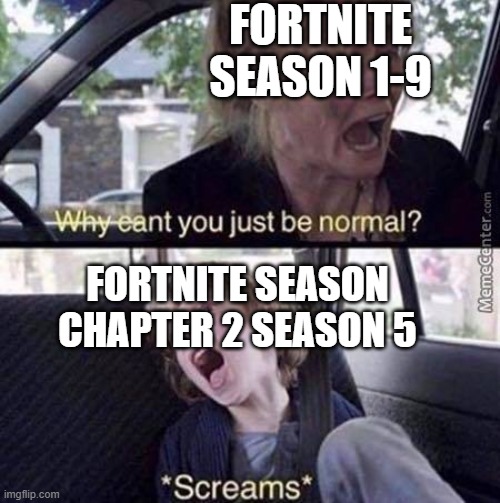 Why Can't You Just Be Normal | FORTNITE SEASON 1-9; FORTNITE SEASON CHAPTER 2 SEASON 5 | image tagged in why can't you just be normal | made w/ Imgflip meme maker