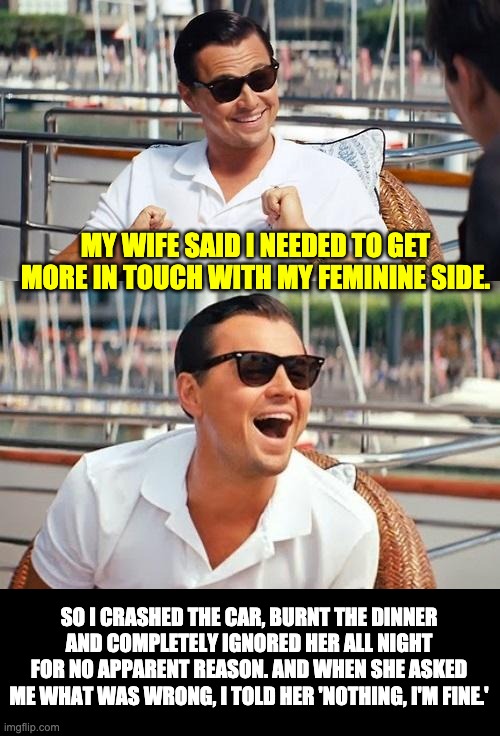 Feminine side | MY WIFE SAID I NEEDED TO GET MORE IN TOUCH WITH MY FEMININE SIDE. SO I CRASHED THE CAR, BURNT THE DINNER AND COMPLETELY IGNORED HER ALL NIGHT FOR NO APPARENT REASON. AND WHEN SHE ASKED ME WHAT WAS WRONG, I TOLD HER 'NOTHING, I'M FINE.' | image tagged in memes,leonardo dicaprio wolf of wall street | made w/ Imgflip meme maker