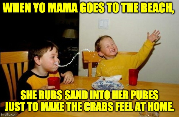 Crabs | WHEN YO MAMA GOES TO THE BEACH, SHE RUBS SAND INTO HER PUBES JUST TO MAKE THE CRABS FEEL AT HOME. | image tagged in memes,yo mamas so fat | made w/ Imgflip meme maker