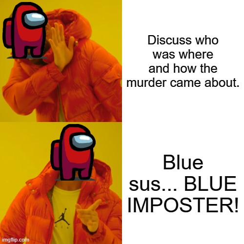 Among Us in a Nutshell | Discuss who was where and how the murder came about. Blue sus... BLUE IMPOSTER! | image tagged in memes,drake hotline bling,among us,among us meeting,emergency meeting among us | made w/ Imgflip meme maker