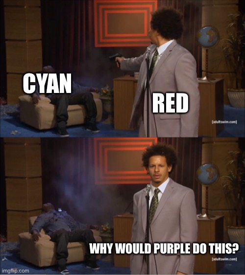 Who Killed Hannibal | CYAN; RED; WHY WOULD PURPLE DO THIS? | image tagged in memes,who killed hannibal | made w/ Imgflip meme maker