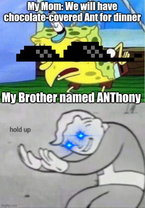 sgdnfskdfjked | My Mom: We will have chocolate-covered Ant for dinner; My Brother named ANThony | image tagged in memes,mocking spongebob,fallout hold up | made w/ Imgflip meme maker