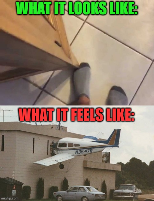 Sad Reality Of Stubbing Your Toe | WHAT IT LOOKS LIKE:; WHAT IT FEELS LIKE: | image tagged in memes,funny memes,funny,toe,pain | made w/ Imgflip meme maker