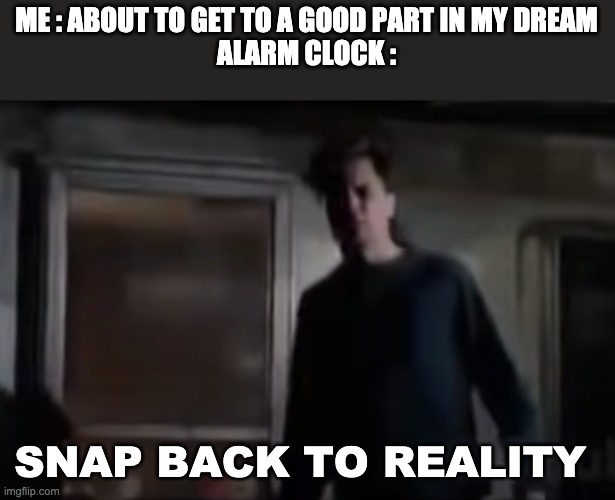 ME : ABOUT TO GET TO A GOOD PART IN MY DREAM
ALARM CLOCK :; SNAP BACK TO REALITY | made w/ Imgflip meme maker