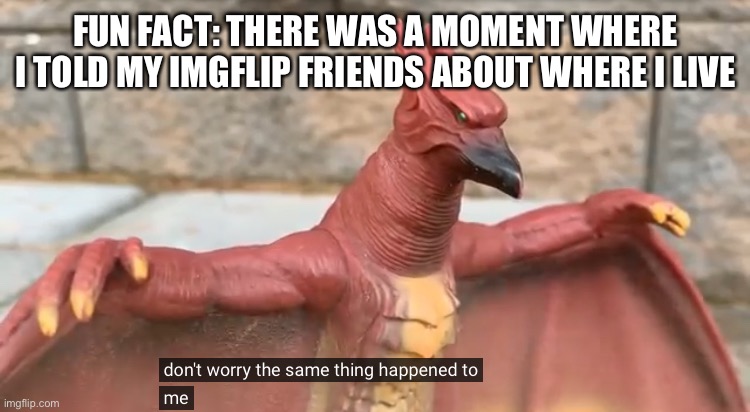 Welp, i post it on a stream and now idk where it go (btw its before my second deleting) | FUN FACT: THERE WAS A MOMENT WHERE I TOLD MY IMGFLIP FRIENDS ABOUT WHERE I LIVE | image tagged in don t worry the same thing happened to me | made w/ Imgflip meme maker