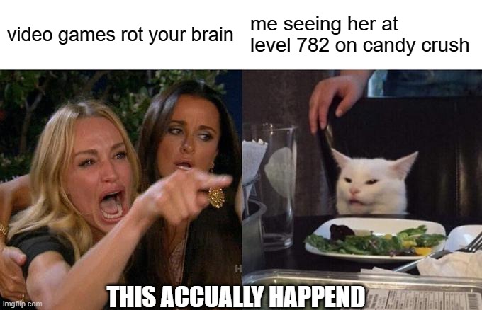 Woman Yelling At Cat | video games rot your brain; me seeing her at level 782 on candy crush; THIS ACCUALLY HAPPEND | image tagged in memes,woman yelling at cat | made w/ Imgflip meme maker
