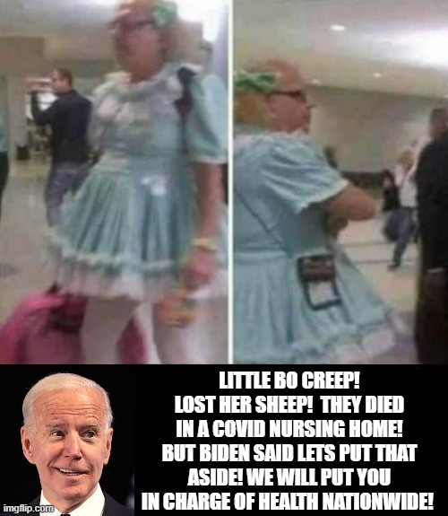 Little Bo Creep! Lost Her Sheep! | LITTLE BO CREEP! LOST HER SHEEP!  THEY DIED IN A COVID NURSING HOME! BUT BIDEN SAID LETS PUT THAT ASIDE! WE WILL PUT YOU IN CHARGE OF HEALTH NATIONWIDE! | image tagged in biden,stupid liberals | made w/ Imgflip meme maker