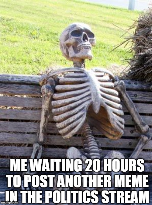 Waiting Skeleton Meme | ME WAITING 20 HOURS TO POST ANOTHER MEME IN THE POLITICS STREAM | image tagged in memes,waiting skeleton | made w/ Imgflip meme maker