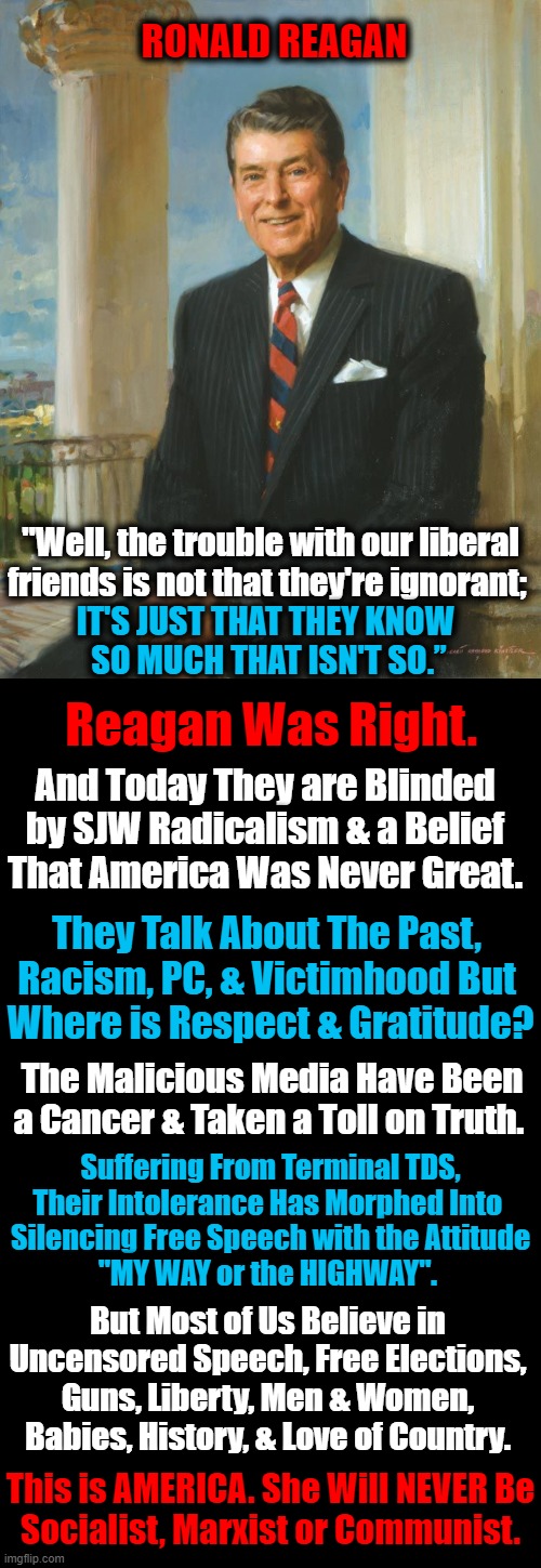 We, The People Have Made America Great. Our Mission Now Is To Keep Her That Way... | RONALD REAGAN; "Well, the trouble with our liberal

friends is not that they're ignorant;; IT'S JUST THAT THEY KNOW 
SO MUCH THAT ISN'T SO.”; Reagan Was Right. And Today They are Blinded by SJW Radicalism & a Belief That America Was Never Great. They Talk About The Past, 
Racism, PC, & Victimhood But 
Where is Respect & Gratitude? The Malicious Media Have Been a Cancer & Taken a Toll on Truth. Suffering From Terminal TDS,
Their Intolerance Has Morphed Into 
Silencing Free Speech with the Attitude
"MY WAY or the HIGHWAY". But Most of Us Believe in Uncensored Speech, Free Elections, Guns, Liberty, Men & Women, Babies, History, & Love of Country. This is AMERICA. She Will NEVER Be
Socialist, Marxist or Communist. | image tagged in politics,ronald reagan,liberals,america,freedom | made w/ Imgflip meme maker