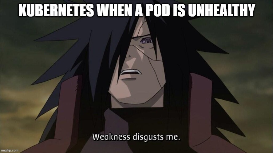 kubernete' pods | KUBERNETES WHEN A POD IS UNHEALTHY | image tagged in weakness disgusts me | made w/ Imgflip meme maker