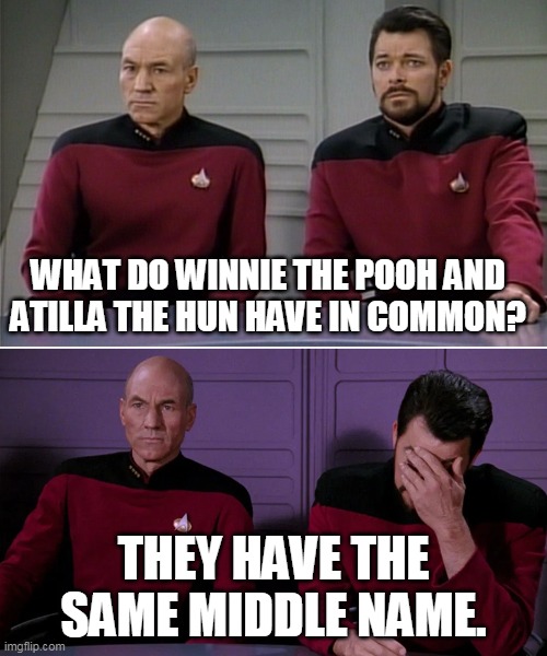 Picard Riker listening to a pun | WHAT DO WINNIE THE POOH AND ATILLA THE HUN HAVE IN COMMON? THEY HAVE THE SAME MIDDLE NAME. | image tagged in picard riker listening to a pun | made w/ Imgflip meme maker
